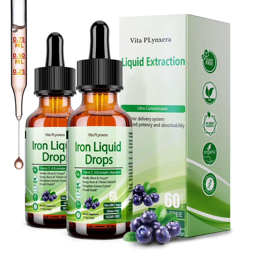 2 Pacote líquido suplemento de ferro para mulheres homens e crianças, Vegan gotas de ferro com vitamina C D, B12, B-Complexo, Líquido de alta potência com multivitamínico para anemia, Suporte Energético, Magnésio de Ferro Gentil
