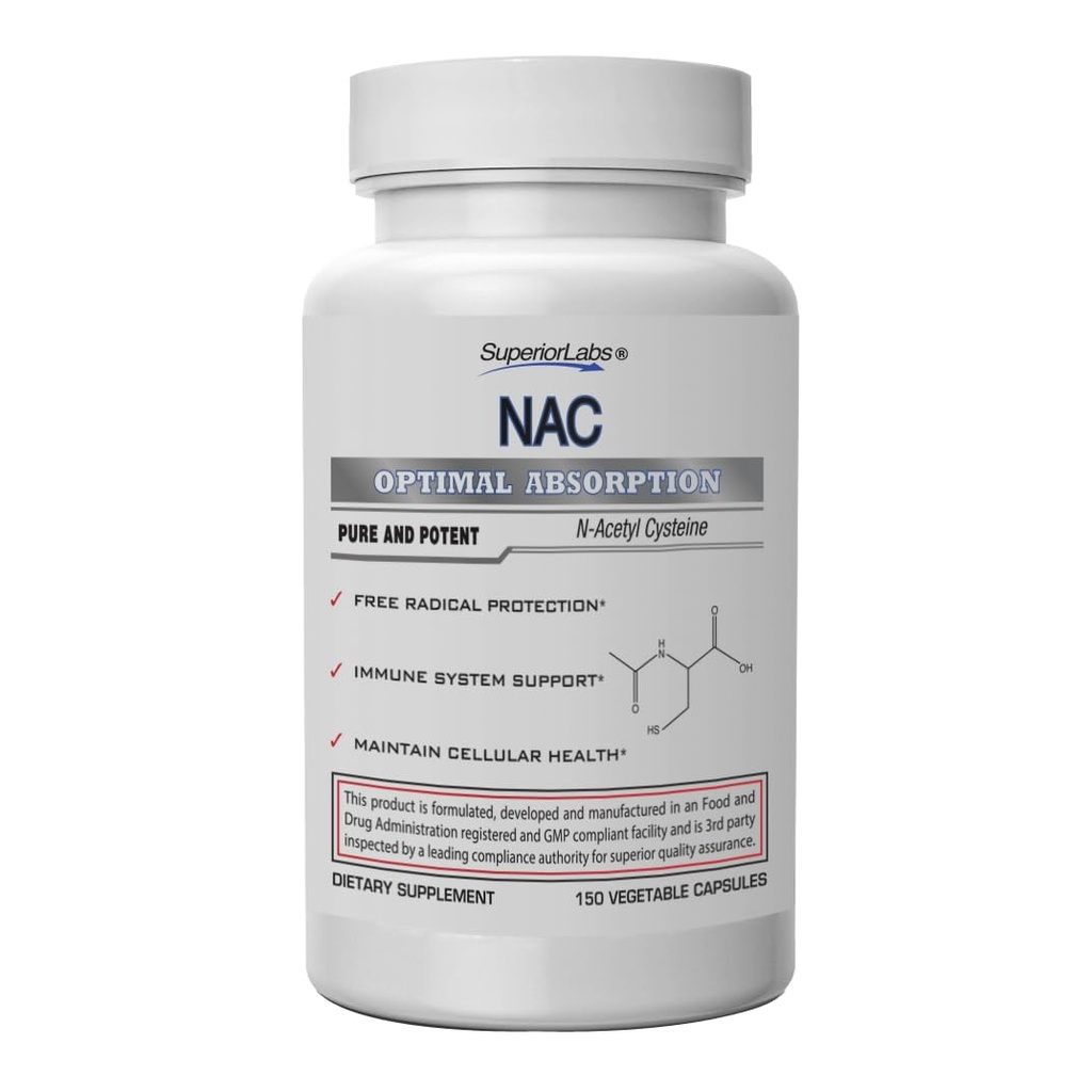 Laboratórios Superiores NAC (N-Acetil Cysteine) 1.200mg, 150 Cápsulas Vegetais, Suplemento dietético com Selênio, Proteção Radical Livre, Função do Sistema Imune Normal, Mantém a Saúde Celular
