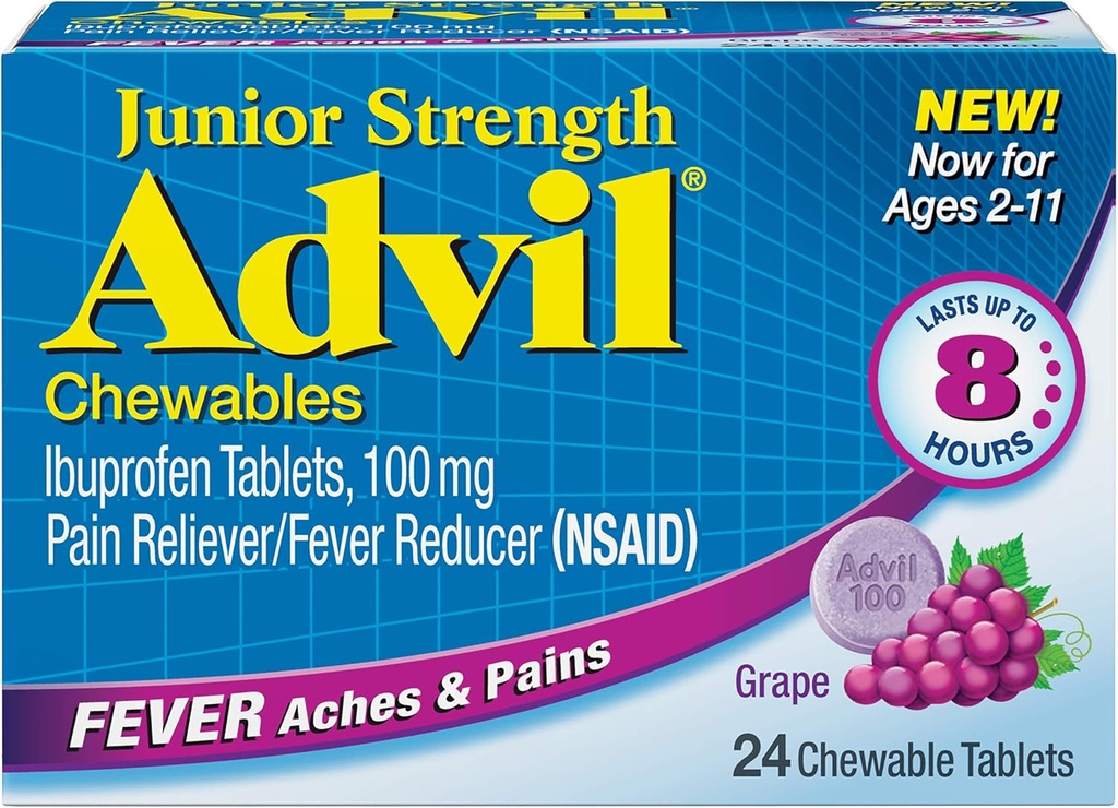 Comprimidos de Ibuprofeno mastigáveis Advil Junior, 100mg de uva, 24 comprimidos Cada (Pacote de 6)