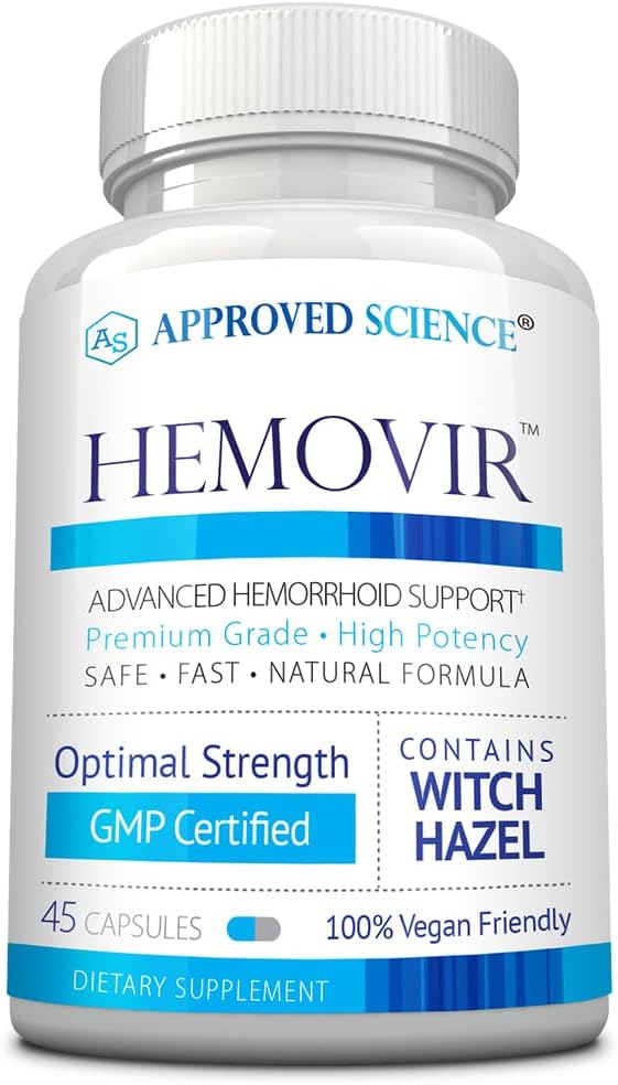 Aprovado Ciência Hemovir - Hemorroid Suporte Suplemento - Bruxa Hazel, Castanha cavalo - 45 Cápsulas - 1 Garrafa - Vegan