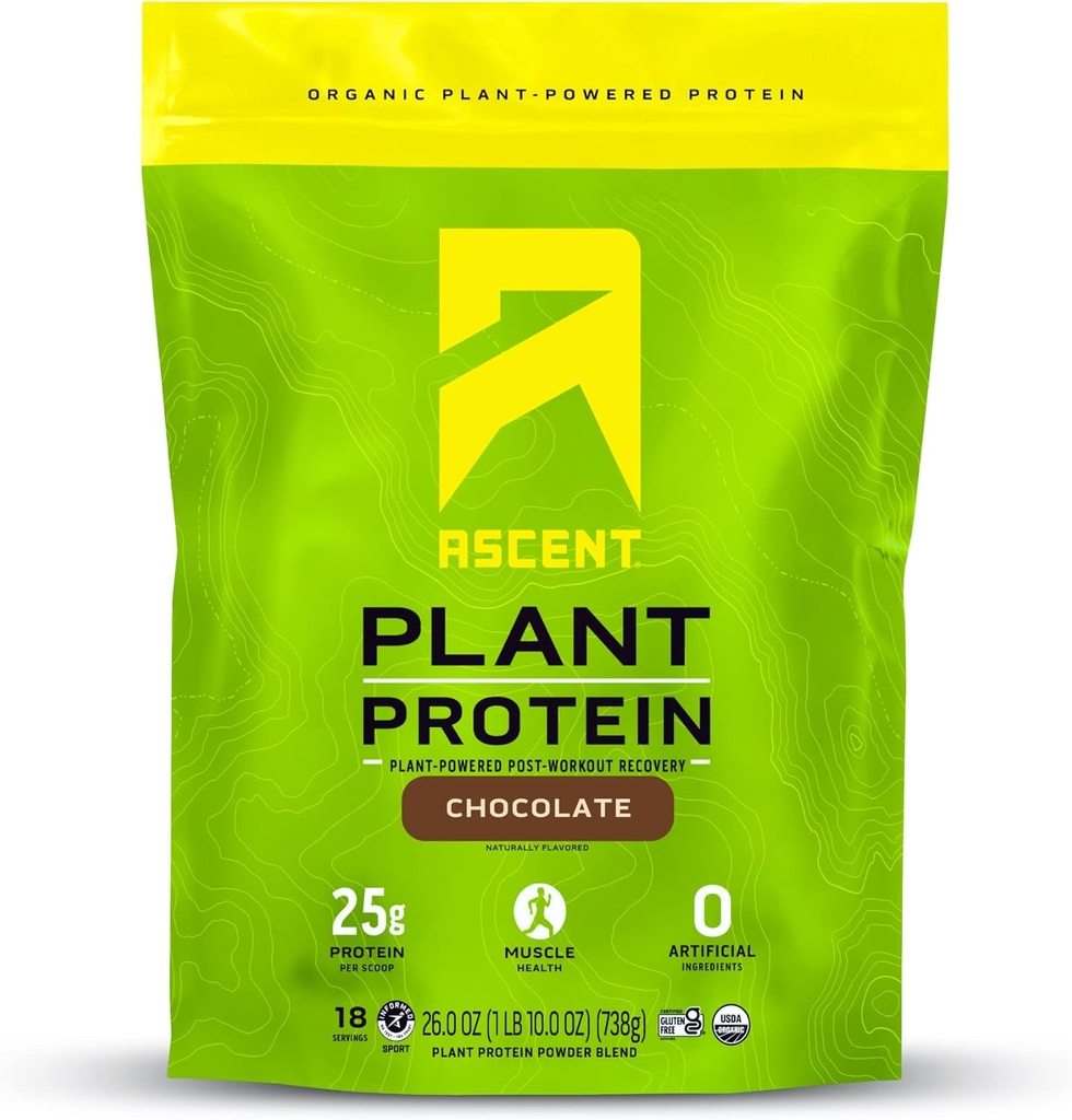 Pó de proteína baseada em plantas de ascensão - proteína Vegan não láctea, Ingredientes Artificiais Zero, Soy & Gluten Free, Sem açúcar adicionado, 4g BCAA, 2g Leucina - Chocolate, 18 Servings