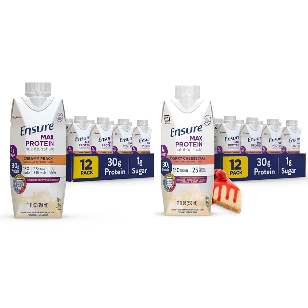 Garantir Max Protein Nutrition Shake com 30g de proteína, açúcar 1g, alta proteína Shake, creme de pêssego e cereja Cheesecake Variety Pack, 11 fl oz, pacote de 12