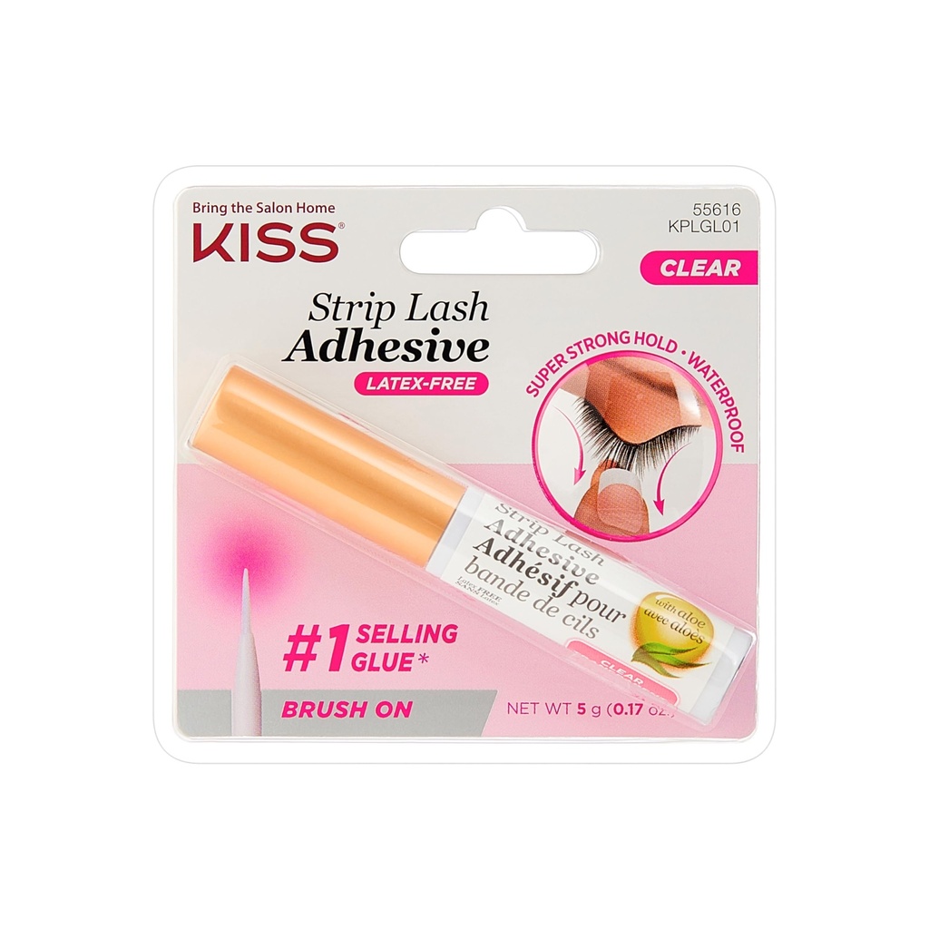 KISS Clear Strip Lash Adesivo com Aloe, Impermeável, Formaldeído e Látex Livre, Odor Livre, Crueldade Livre, Super Forte Hold Eyelash Cola com Aplicador de Escova, 0,17 Oz.