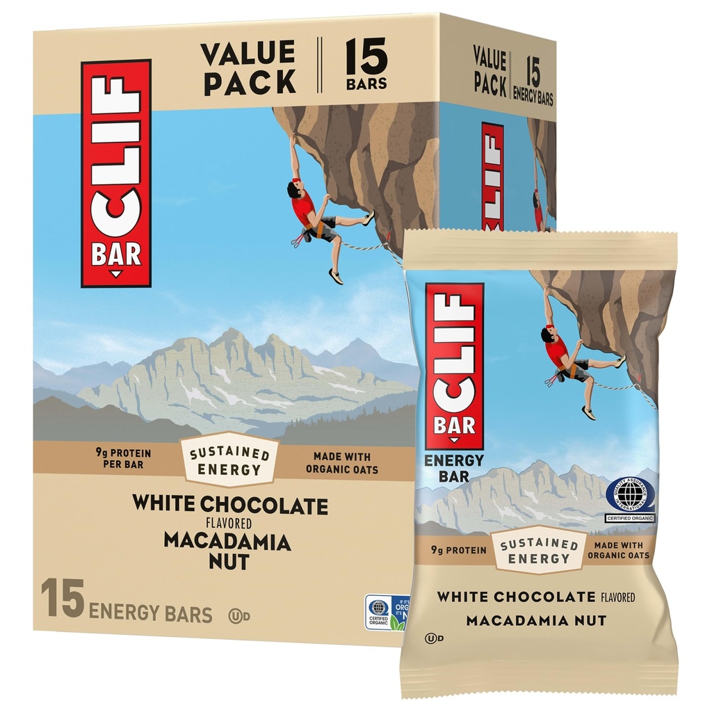 CLIF BAR - Barras de Proteínas Energéticas - Chocolate Branco Macadamia Nut - Feito com Aveia Orgânica - Barras de Energia - Não-GMO - (15 Pack)