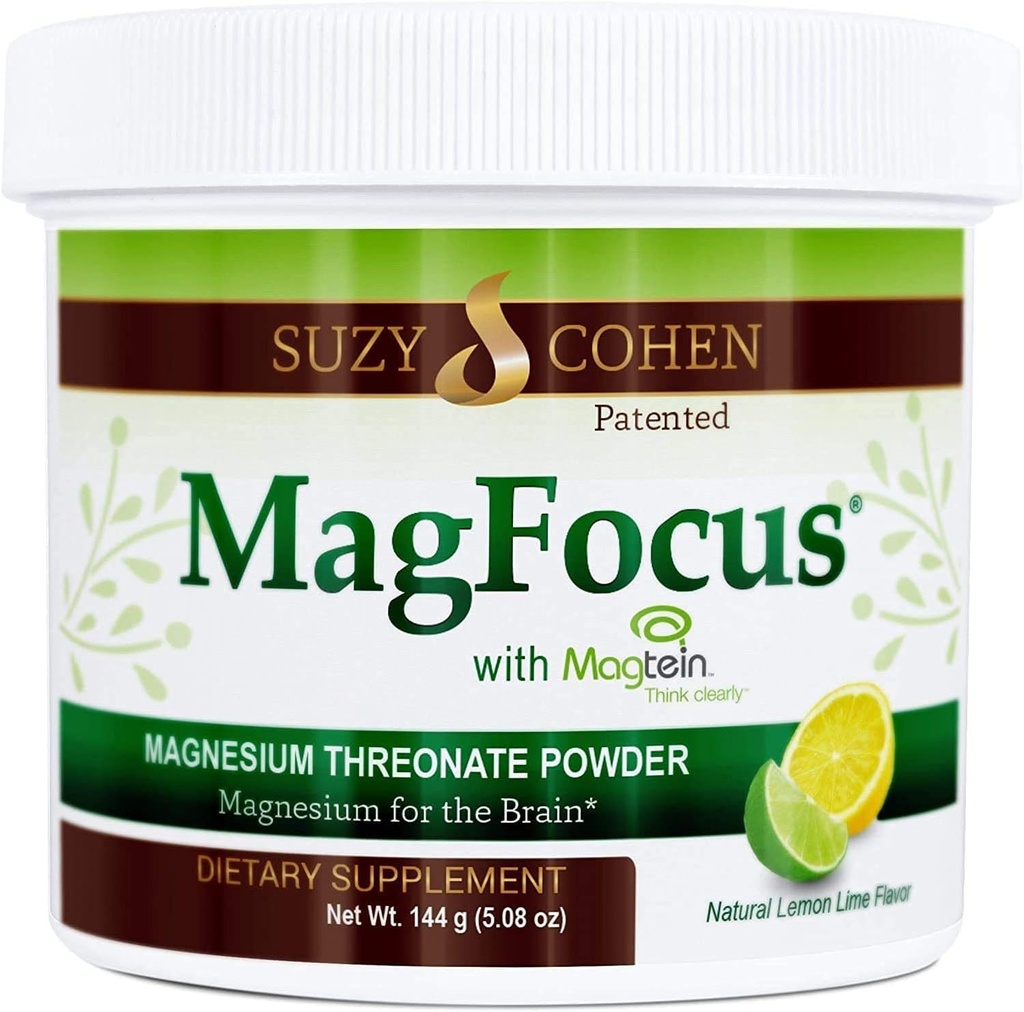 Suzy Cohen MagFocus Treenonato de Magnésio em pó Suplemento dietético 200mg, Nervo saudável, Cognição de Apoio, Energia, Saúde Óssea, Stevia, Sabor de Limão, 60 Servings