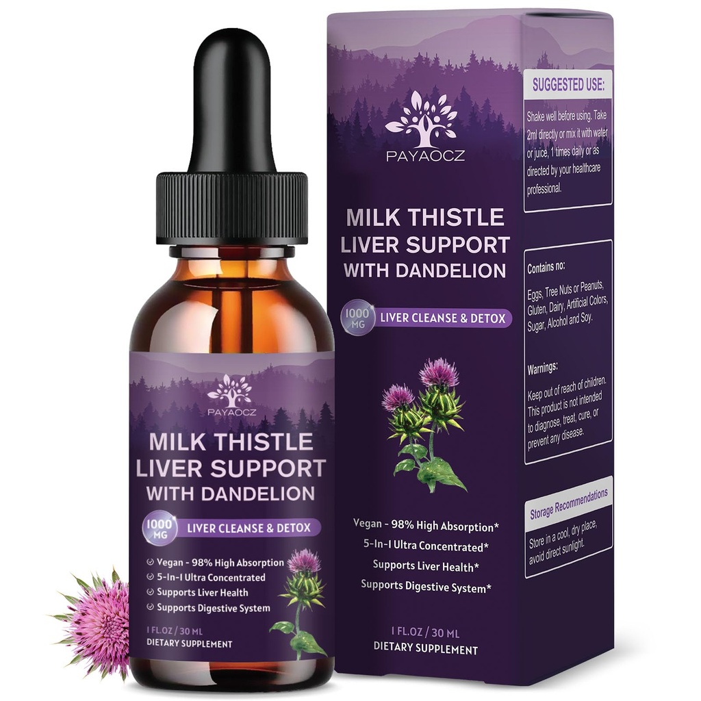 (2 Pack) Leite cardo líquido gotas silymarin 1000mg, Suplemento de fígado Detox e limpar com dente de leão e alcachofra, Leite cardo extrato orgânico para o suporte de reparação de fígado saúde, Vegan, Não-GMO, 1 Fl Oz