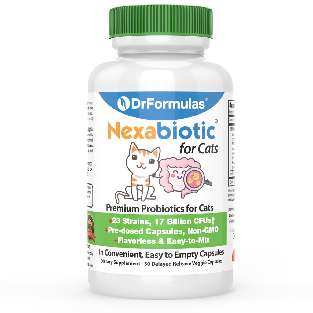DrFormulas Nexabiotic Probióticos para Gatos em Pó □ Trata Diarréia para Animais de estimação com Saccharomyces Boulardii Lactobacillus Acidophilus, Melhor Suplemento Probióticos para Saúde Digestiva 30 Cápsula