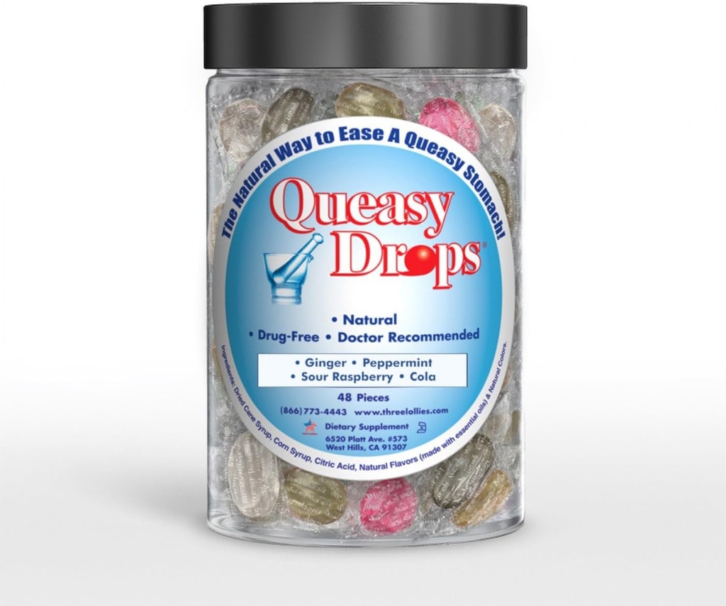 Três Lollies Queasy Drops- Suporta o alívio da doença. Também gravidez e alívio da doença matinal. Estômago resolver cai variado 48 contagem
