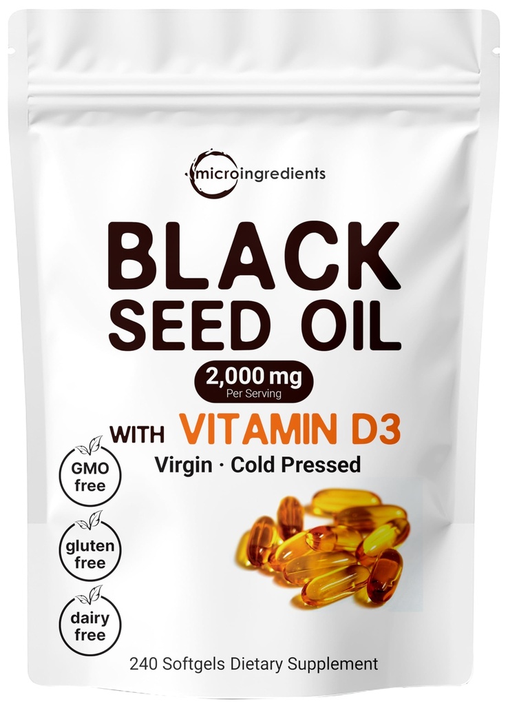 Micro Ingredientes Black Seed Oil 2000 mg com vitamina D3 1000 UI, 240 Softgels - Pílulas de Nigella Sativa do Egito, óleo virgem, odorless, não-GMO e sem glúten