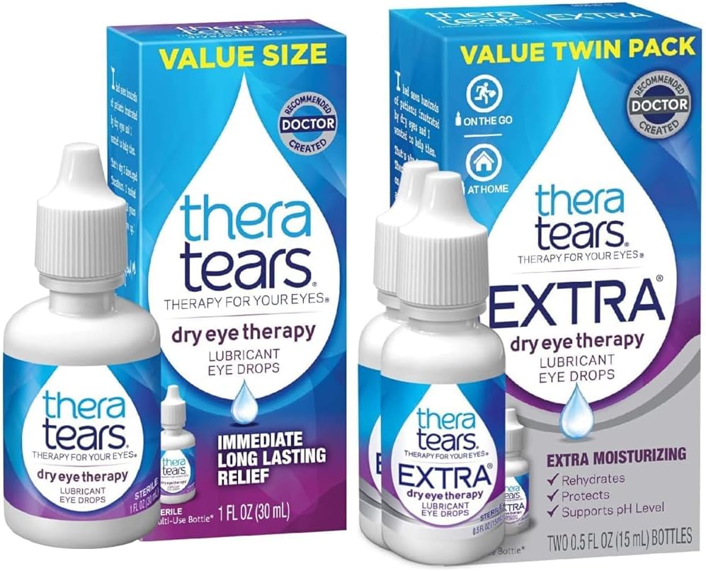 TheraTears Dry Eye Therapy Olho Gotas para Olhos Secos, 1,0 Fl Oz & terapia extra seca Olho Gotas para Olhos Secos, 0,5 fl oz Garrafa, 2 Count(Pacote de 1)