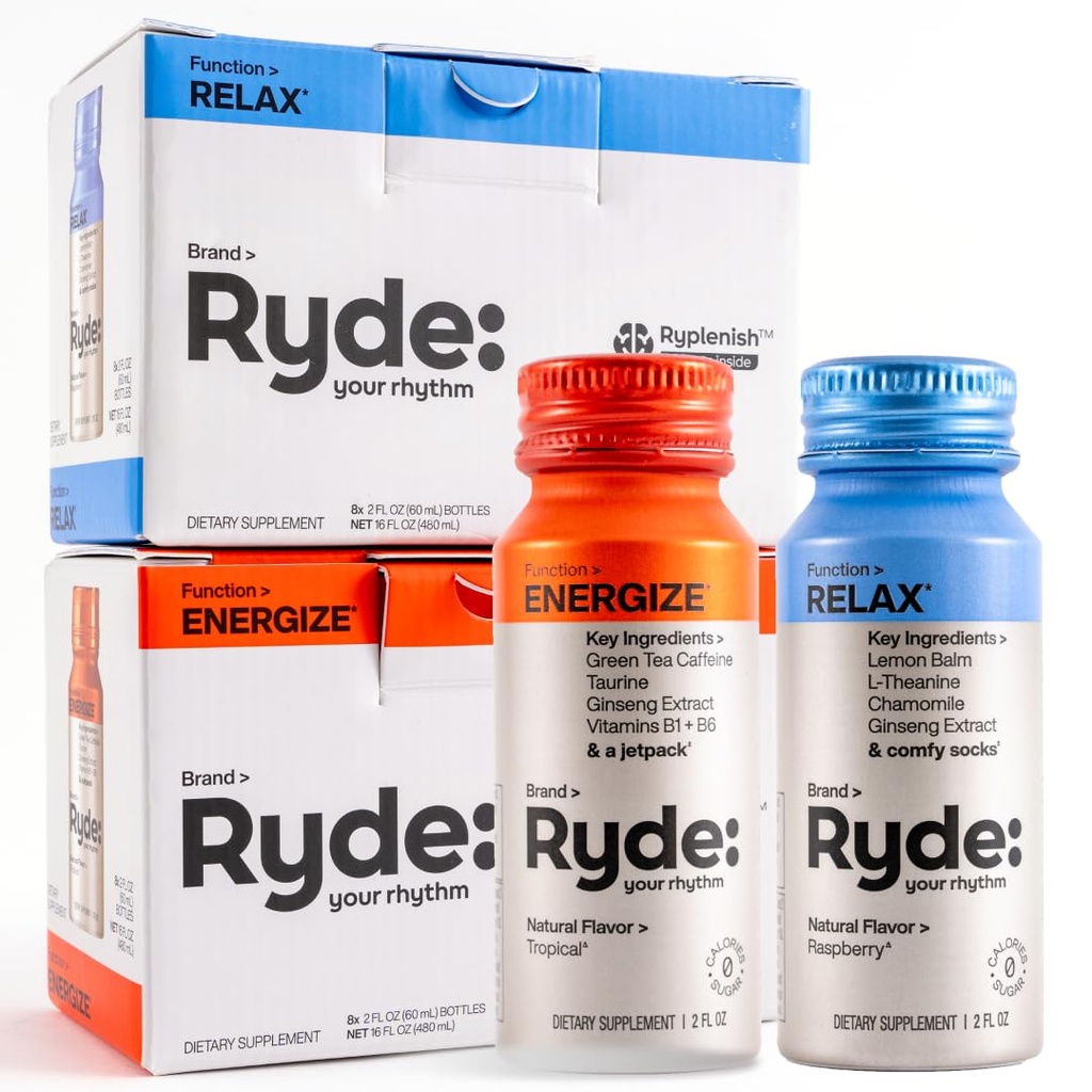 RYDE Shots □ Energizar + Relaxar □ Vitaminas B Essential, Ginseng, Camomila e Cafeína