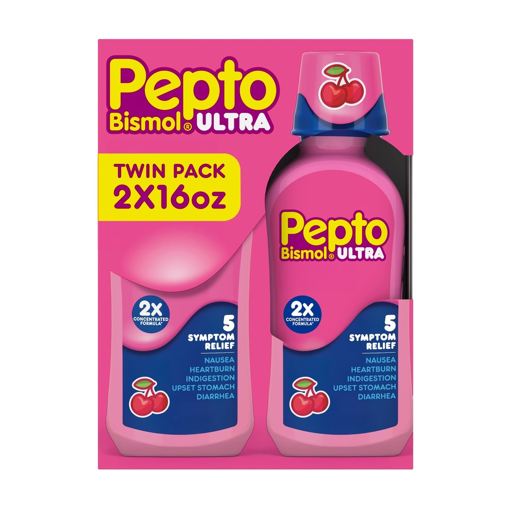 Pepto Bismol Líquido Ultra para Náusea, Azia, Indigestão, Estômago Perturbado e Diarréia - 5 Símptom Rápido Alívio, Sabor de Cereja 12 onças (Pacote de 3)