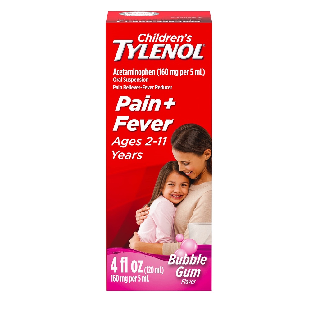 Medicina de suspensão oral de tilenol infantil, remédio líquido para crianças Reliever dor e redutor de febre para frio + sintomas de gripe, aspirina-, Ibuprofeno- e álcool- livre, chiclete bolha, 4 fl. oz