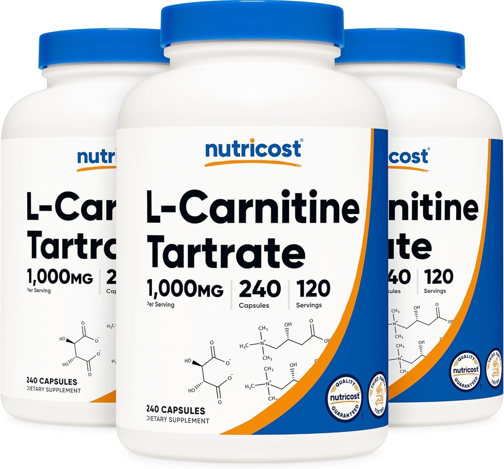 Nutricost L-Carnitina Tartrato 500mg, 240 Cápsulas - 1000mg por serviço (3 frascos)