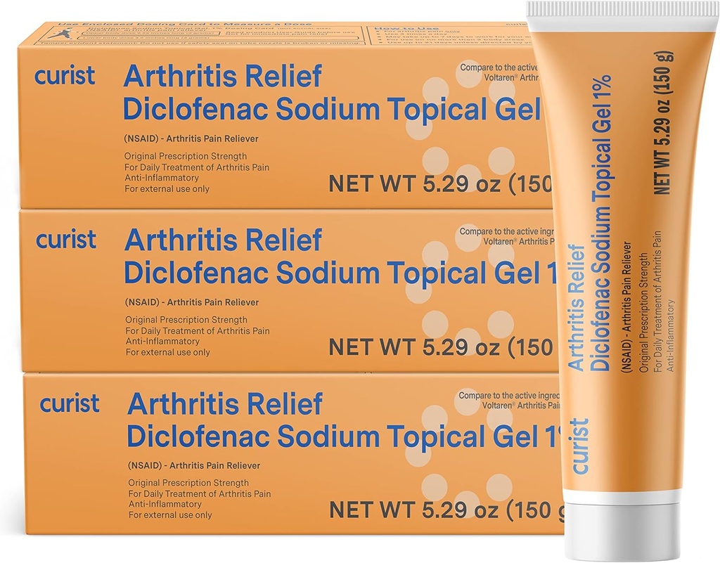 Curista Diclofenac Artrite Creme Gel 1% (3 Tubos de 150g)- Pare a dor em pulsos, pés, cotovelos, e tornozelos. Alívio da dor da artrite da mão e alívio da dor do joelho (3 Pack, 5.29 oz ea.)