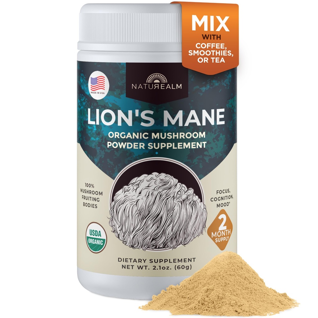 Naturalm Lion's Mane Mushroom Powder - Suporte Cerebral Orgânico para Memória de Foco Clareza Mental - Função Cognitiva Não-GMO - 60 Servings