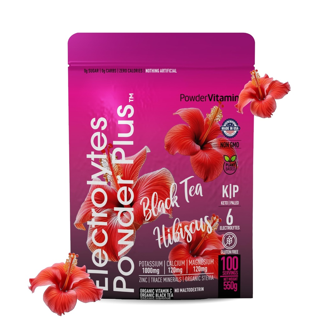 PóVitamina Eletrólitos Pó Plus (100 Servões) Chá preto Hibisco Eletrolítico Pó Keto, Açúcar Livre, Rosa Himalaia Sal,1000mg Potássio,120mg Cálcio,120mg Magnésio, Hydration Pó