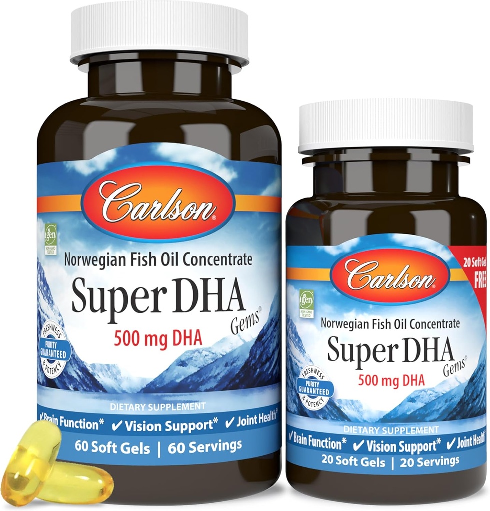 Carlson - Super DHA Gems, 500 mg Suplementos DHA, 640 mg ácidos gordos, Wild-Caught Norueguês Arctic Fish Oil Concentrate, Sustainablely Sourced Nordic Fish Oil Cápsulas, 60+20 Softgels