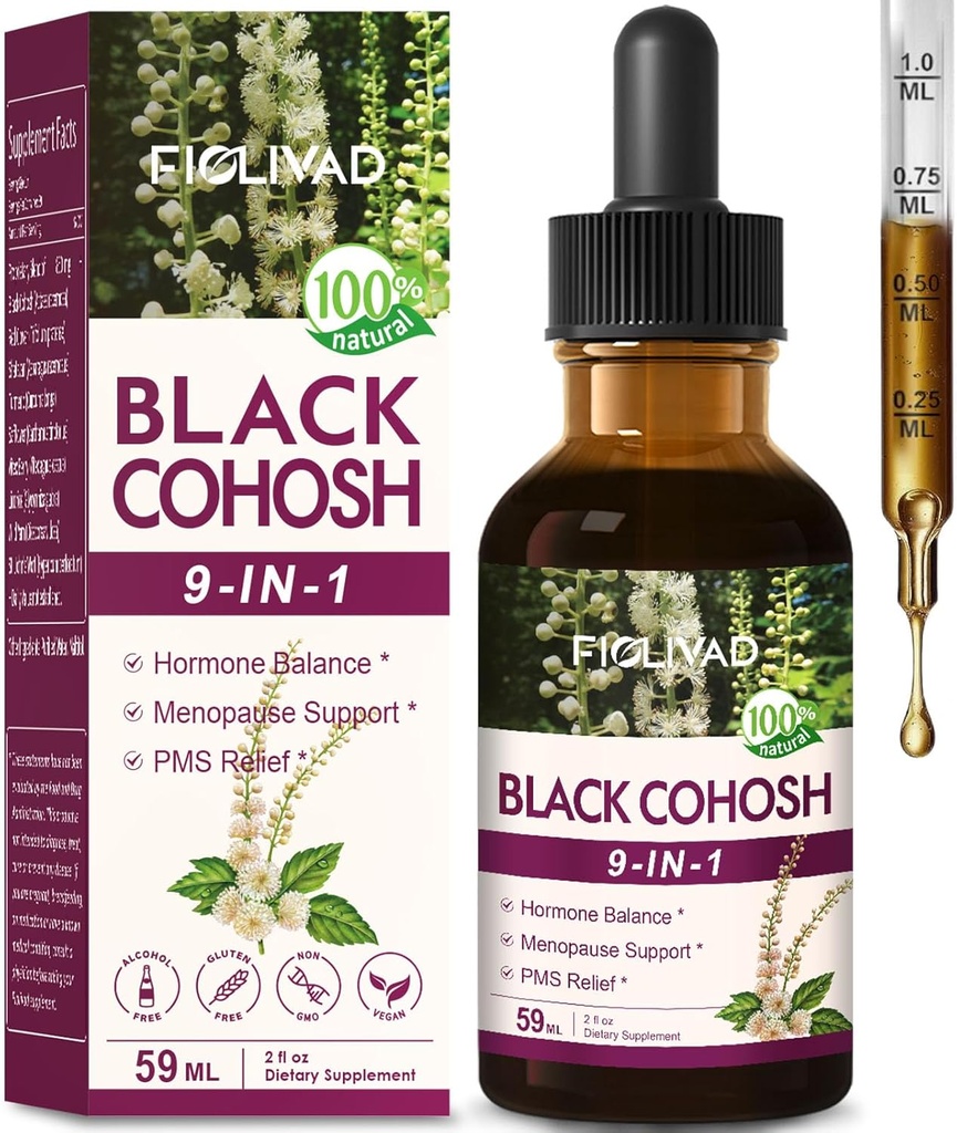 100% Natural Herbal Drops, Black Cohosh Extract para equilíbrio hormonal, Suporte de Menopausa e alívio PMS. 2 onças