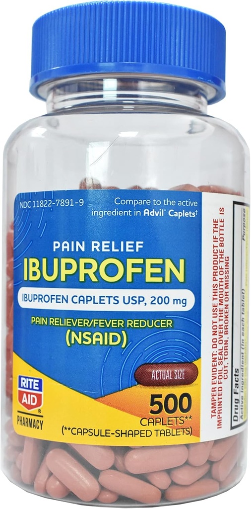 Rite Aid Pharmacy Ibuprofen 200 mg - 500 Caplets castanhos revestidos - alívio da dor e da febre - alívio da enxaqueca - alívio da dor nas costas - pílulas de alívio da dor da artrite - analgésico