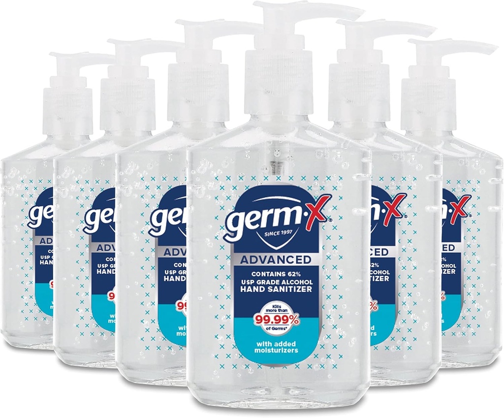 Germ-X de limpeza avançada da mão, gel claro não-secagem hidratante, fórmula instantânea e sem lavagem, de volta à escola Suprimentos Faculdade, garrafa de bomba, 8 Fl Oz (Pacote de 6)