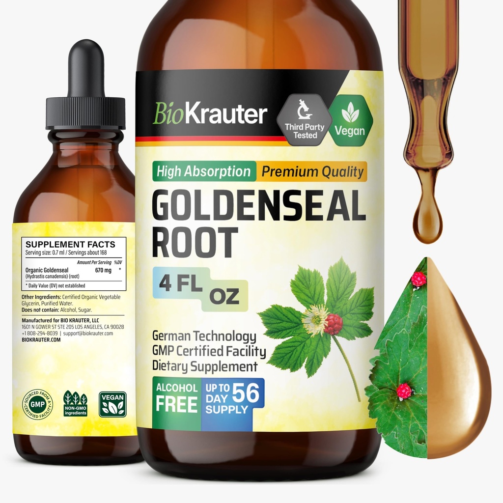 BIO KRAUTER Goldenseal Tintura - Vegan Lung Cleanse & Detox - Golden Seal Herb Suplemento - Álcool & Açúcar gotas grátis - 4 Fl.Oz.