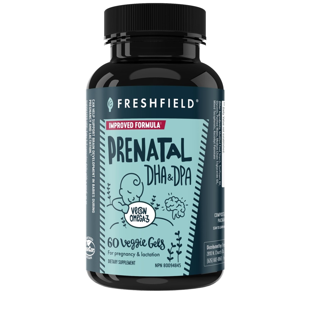 Freshfield pré-natal Vegan Omega 3 DHA: Sustentável, Carrageenan Livre, Terceiro partido testado, Garrafa Composta, Carbon Neutral. Suporta Coração, Cérebro, Saúde Conjunta p/DPA