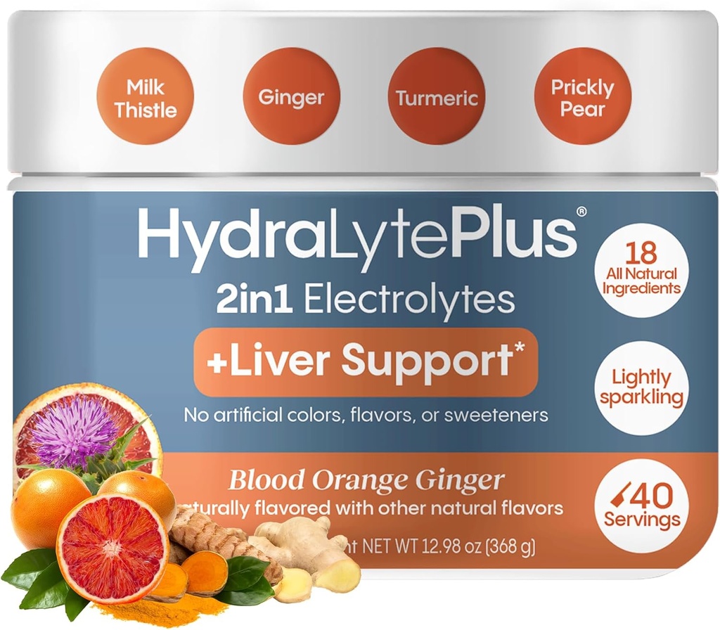 Suporte Hidralyte Fígado + Mistura de Eletrolíticos com Cardo de Leite, Açafrão, Ginger, Prickly Pear, Extrato de Chá Verde Formulado para Reidratação Rápida, (Ginger Laranja Sangue, 40 Serve Tub)