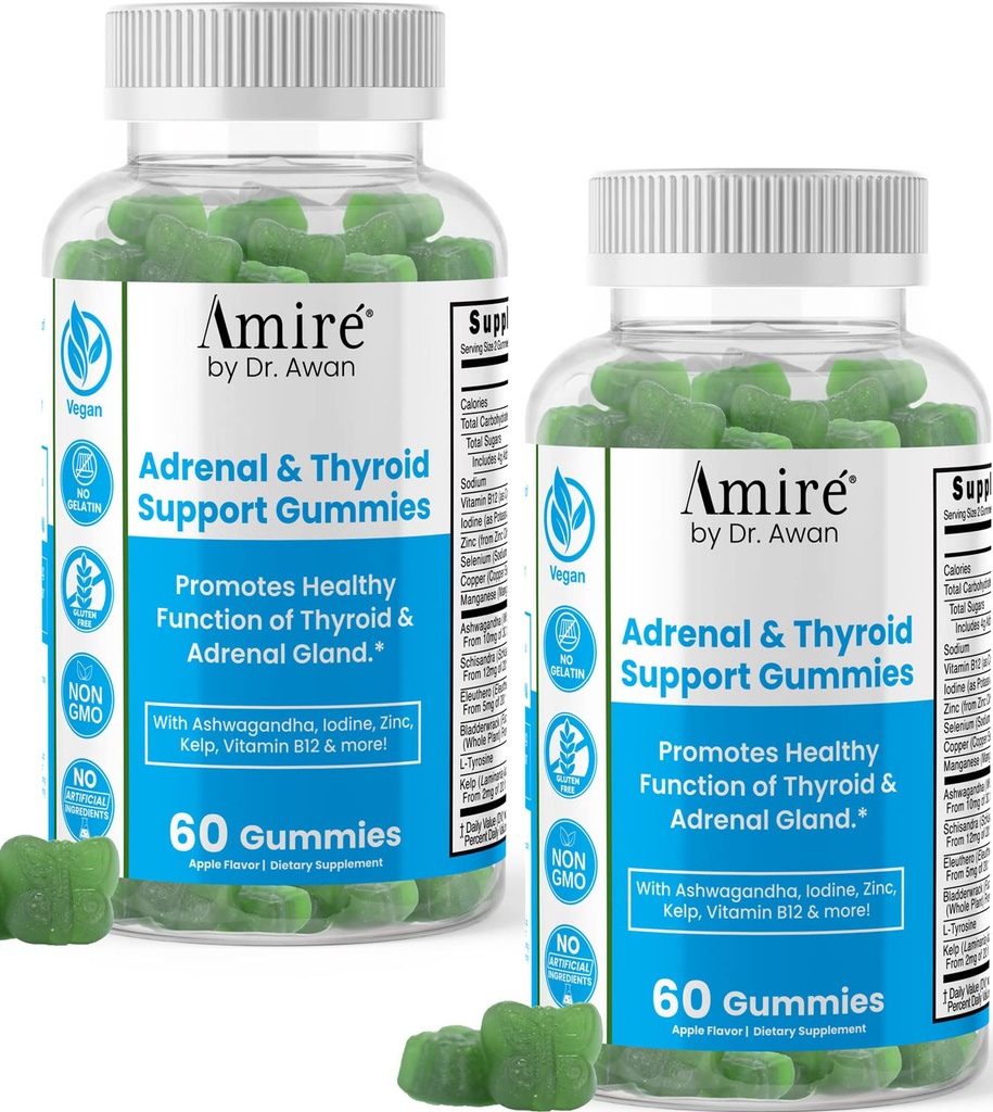 Amire by Dr. Awan Thyroid Support Gummies, Promove a função saudável da tireóide, Kelp, Selenium & Ashwagandha para melhorar a energia, imunidade, metabolismo, 120ct, 60day Supply