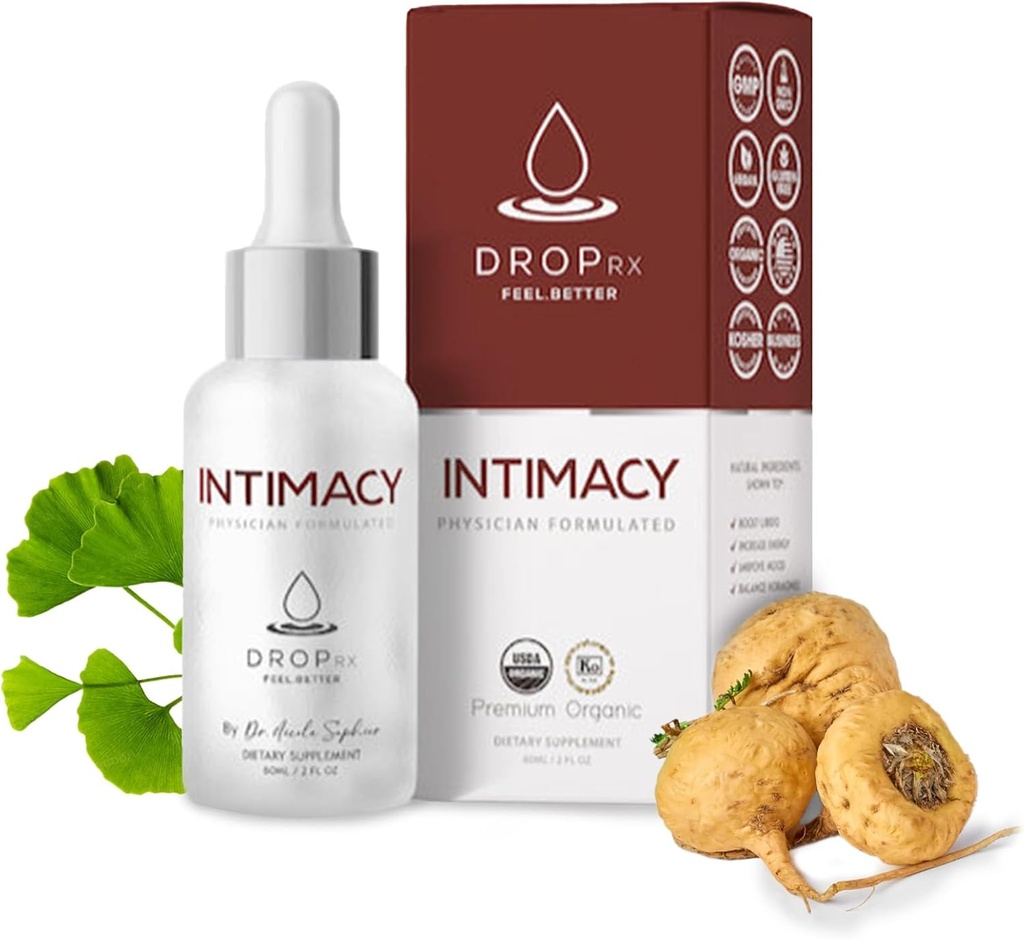 Drop Rx Intimidade por Dr. Nicole Saphier – Maca Root orgânico, Ginkgo Biloba & Tribulus Terrestris, Suplemento Líquido para Suporte, Não-GMO, Vegan, Sem glúten, Kosher, Made in USA (2 Fl Oz)