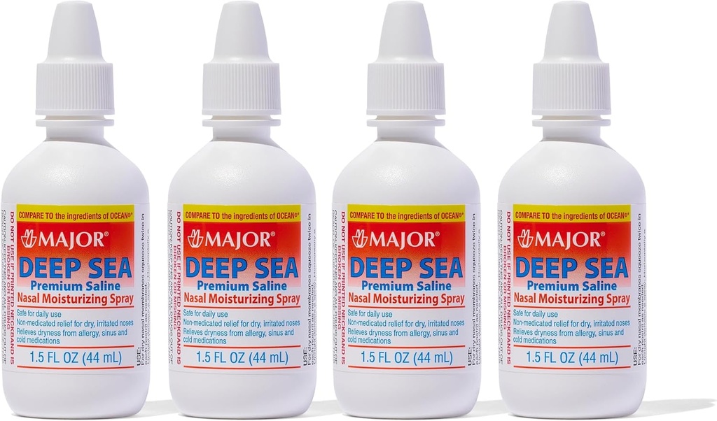 MAJOR Deep Sea Premium Saline - Pulverizador hidratante nasal para a secura e alívio de irritação - Cloreto de sódio 0,65% - 1,5 Fl. Oz (4 pacote)