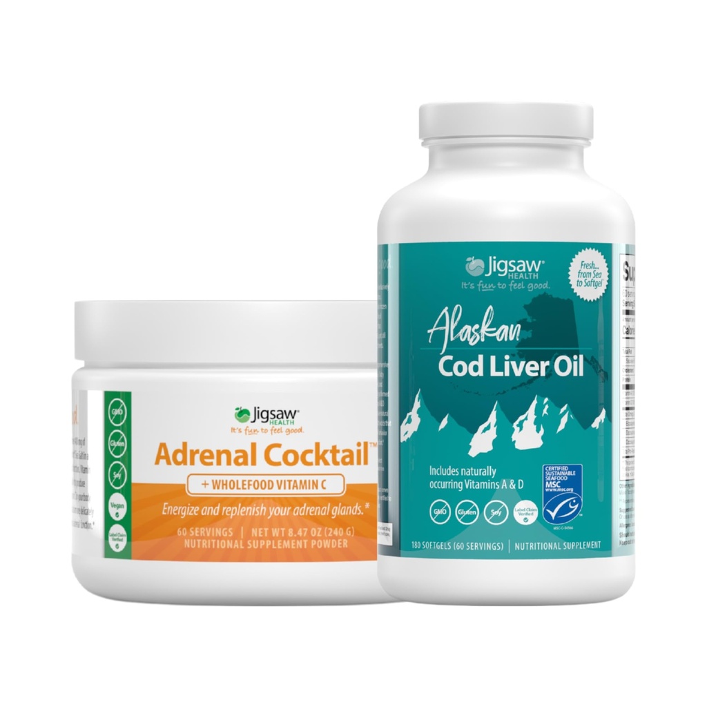 Jigsaw Health Bundle □ Cocktail Adrenal, 60 Servings (Jar) e óleo de fígado de bacalhau do Alasca, 180 Softgels