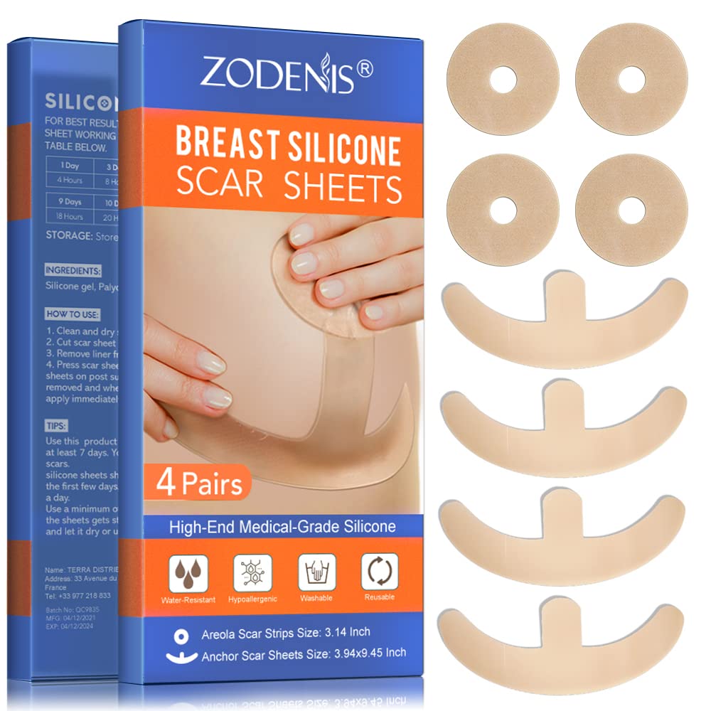 Folhas de cicatriz de silicone para peito - 8 Pack, incluindo 4 tiras macias Areola e 4 folhas de âncora