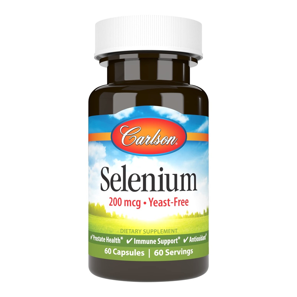 Carlson - Selênio, 200 mcg sem levedura, Saúde da próstata e suporte imunológico, Antioxidante, 60 Cápsulas