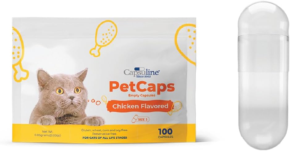 Capsulina PetCaps Tamanho 3 Cápsulas de Gelatina Vazias para Gatos de Todos os Estágios da Vida, Chicken Flavored - 100 Count's Hides Medicine Taste & Scent .