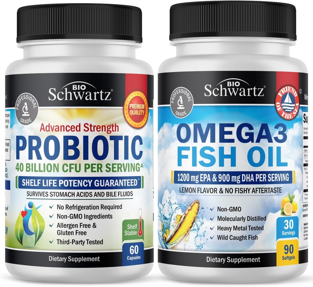 Tripla força Omega 3 óleo de peixe Softgels (1 Mês de Fornecimento) mais 40 bilhões de UFC suplemento probiótico diário (1 Mês de Fornecimento)