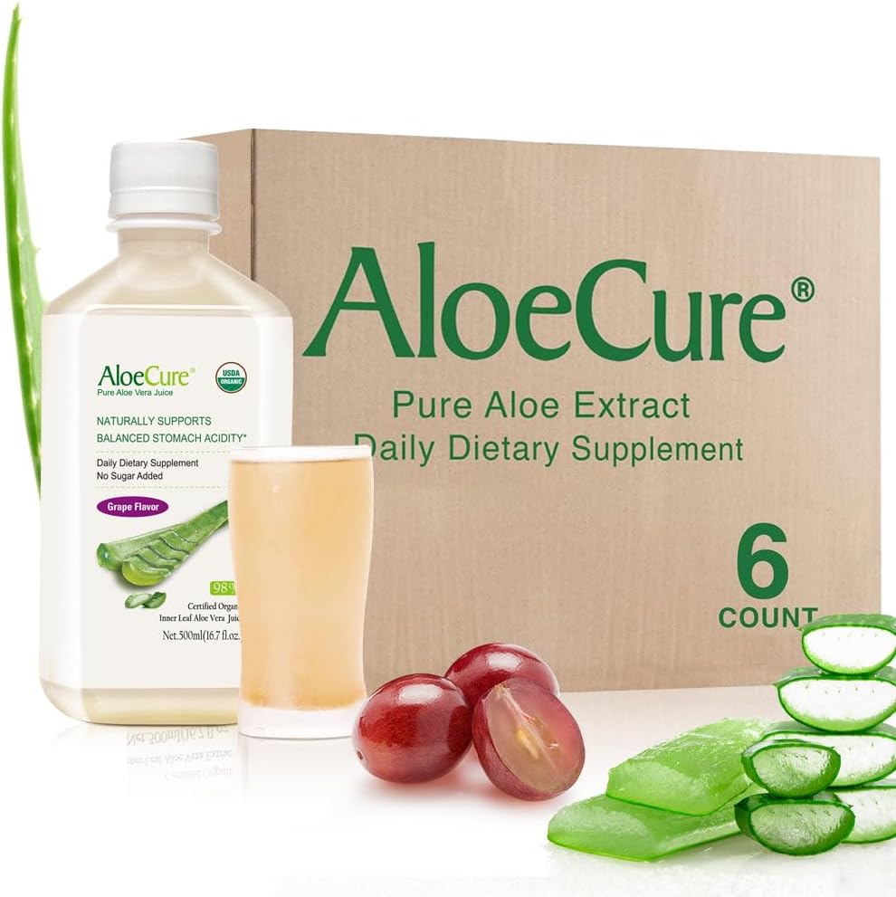 AloeCure USDA Organic Aloe Vera Juice Grape Flavor, Made Within 12 Hours of Harvest - Pure Aloe Vera Digestive & Imune Health Supplement, Helps Mantain Balanced Stomach Acidez, 16.7 onças x 6 Btls