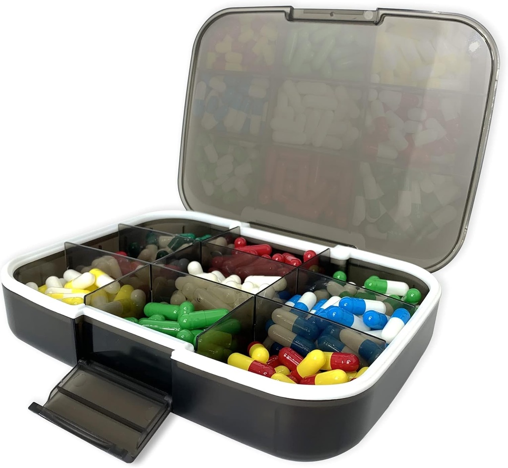 Organizador de comprimidos grande, 7.7x5.7" caixa de vitamina de viagem Lightproof 9 compartimentos portáteis casos de comprimido Suplementos Dispenser prova de umidade Pill Holder Medicine Container