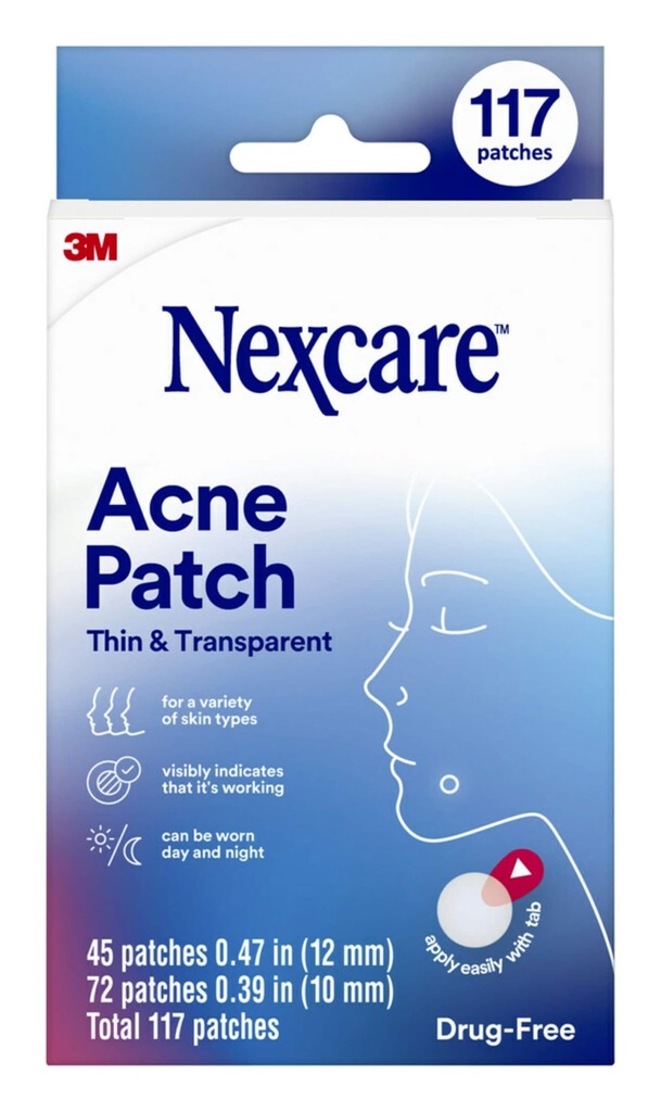 Nexcare Patch Acne Fino e Transparente, Absorve Pus e Óleo de Poros Entupidos, Feito com hidrocolóide, guia Permite fácil remoção do Liner - 117 Patches Pimple