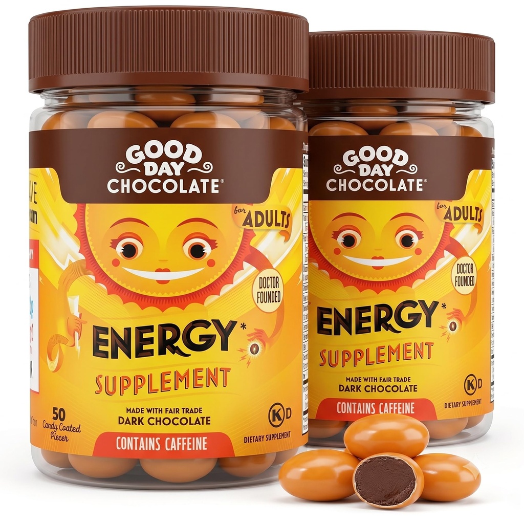 Bom dia Chocolate suplementos de energia para adultos [2 Pack] Fair Trade Cafeína Chocolate com B-Vitaminas, Extratos de chá verde e 20 mg de cafeína por peça - Fortalecedor de energia para mulheres e homens