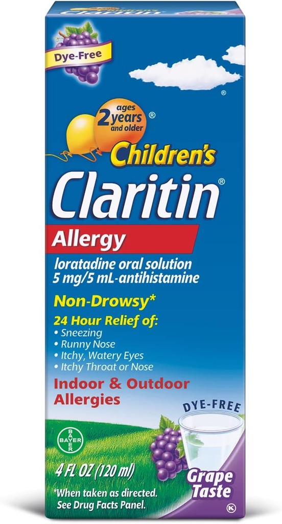 Claritin Solução oral de Alergia Não- Sonorosa de 2 horas para Crianças 5 mg/ 5 ml, Uva 4 Fl Oz