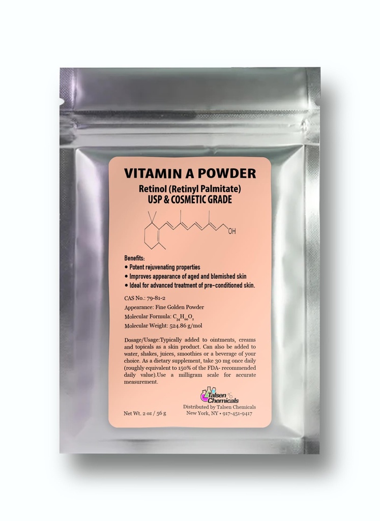 Vitamina A pó Retinil Palmitate, Puro Retinol Água em pó Vitamina A Solúvel USP & Cosmético Grau (2 onças / 56 gramas)