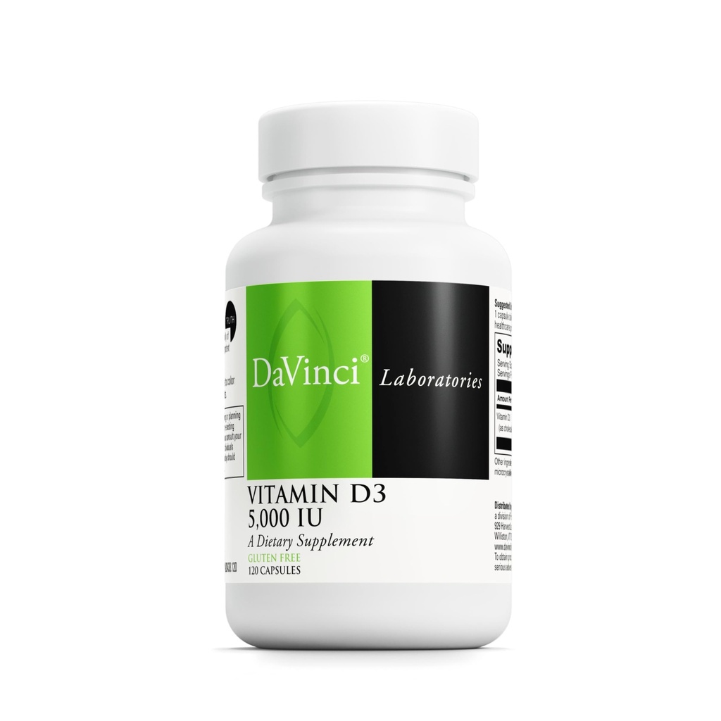 DAVINCI Labs Vitamina D3 5000 UI - Suplemento dietético para apoiar dentes e ossos saudáveis, função cardiovascular e saúde imunológica* - com 5000 UI por serviço - sem glúten - 120 Cápsulas