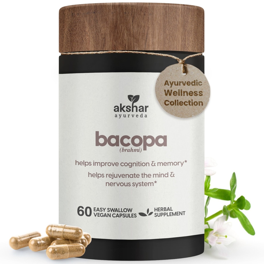 AKSHAR Ayurveda - Bacopa 500mg Suplemento Brahmi, sistema de rejuvenescimento, pílulas de Bacopa para apoiar a função cognitiva para adultos, Vegan Cruelty Free Bacopa Monnieri (60 Conde)