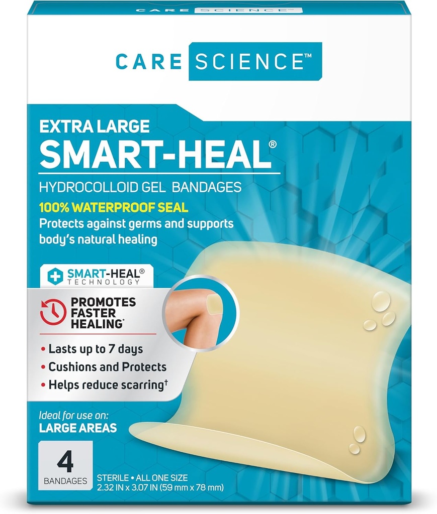 Cuidados Ciência Smart Cura Hidrocolóide, Grande, 2,3 em x 3 em, 4CT . 100% Selo impermeável promove cura, reduz cicatrizes