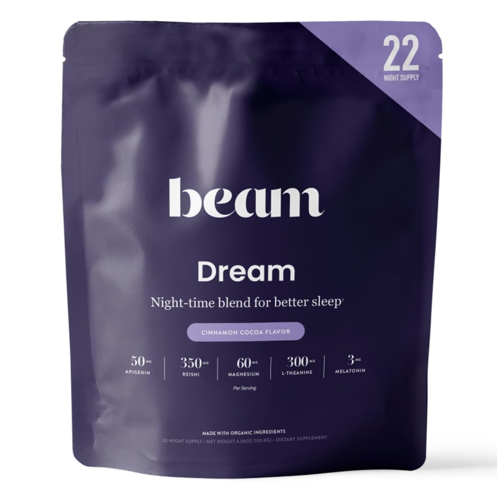 Beam Dream Sleep Powder, L-Theanina, Apigenin, Reishi e Magnésio, Terceiro partido testado Natural Sono Aid & Sleep Supplement for Deep Sleep, Relaxation and Recovery, Natural Sleep Support, 22 Servings