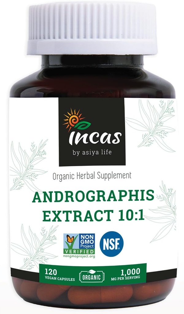 Incas Andrographis Cápsulas Max Andrographides - 1000mg Tamanho de serviço (120 Cápsulas) - Clinicamente Estudos para Sistema Imune Saúde & Não OGM Verificado por NSF