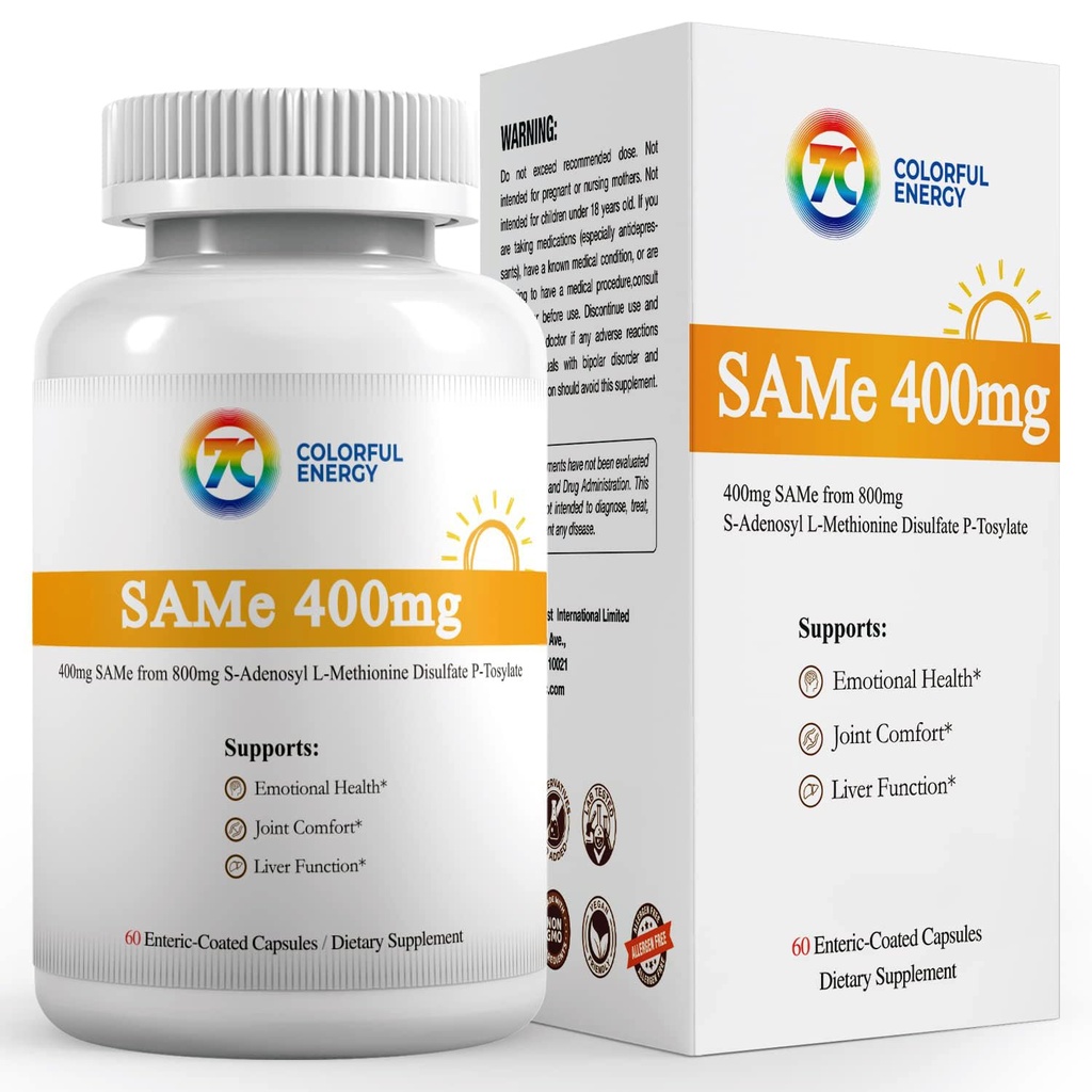 7c Sam e 400mg Suplemento (S-Adenosilmetionina), Vitamina B6, B12 Adicionado para melhorar a eficácia Sam-e, humor e conforto conjunto, Vegan, Não-GMO, Sem glúten, 60 cápsulas entéricos revestidas