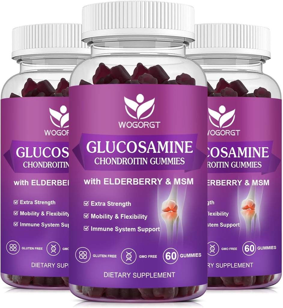 Glucosamina Condroitin Gummies com MSM & Elderberry - 1500mg Glucosamina Condroitin Gummies Suplemento para Flexibilidade e Apoio Imune para Homens e Mulheres, 60 Gummies (3 Pack)
