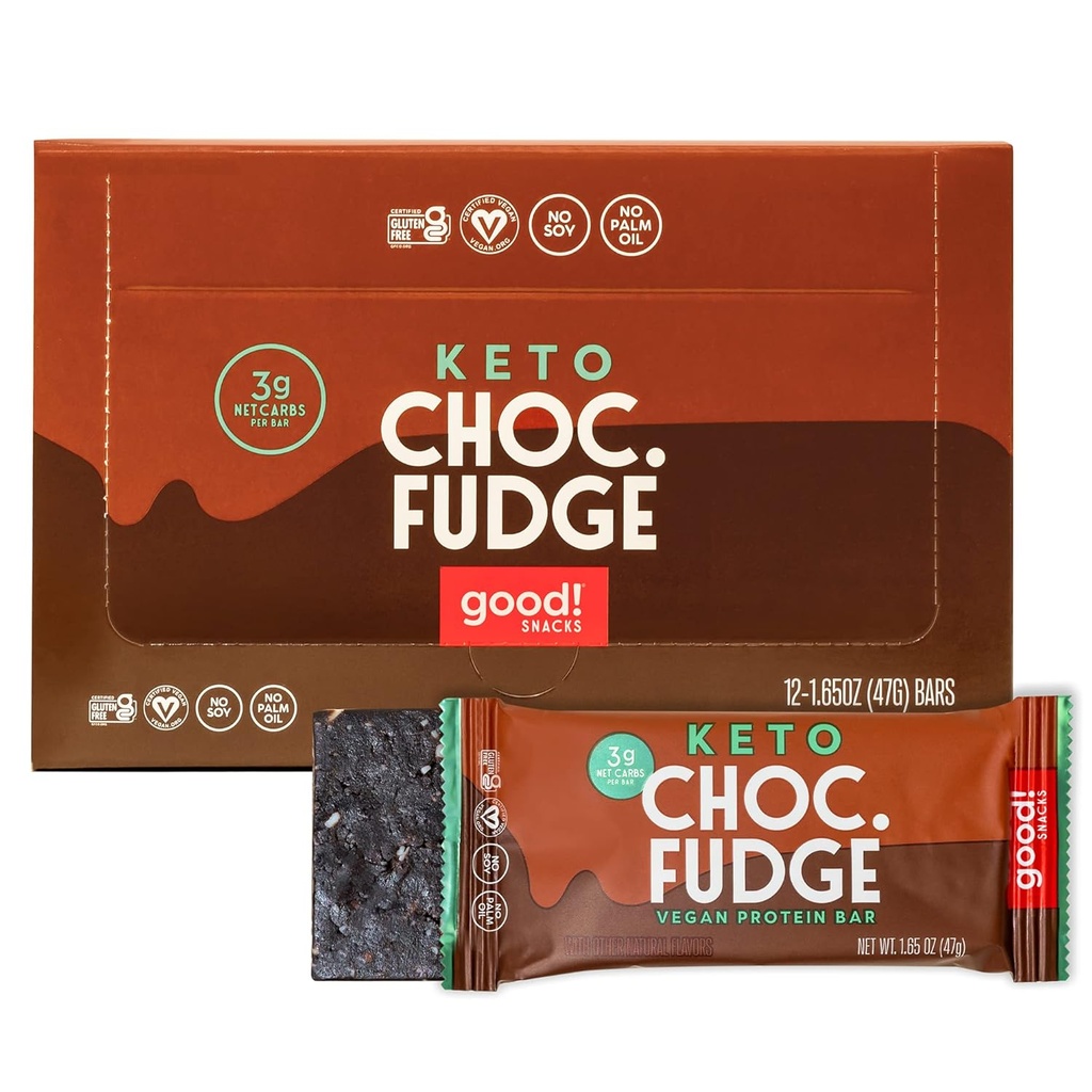 Óptimo! Lanches Chocolate Fudge Keto Protein Bar, Vegan, Soy & Gluten Livre, Substituição de refeições de baixo açúcar, 11g de alta proteína, Lanchonete saudável natural, Para atletas e estilos de vida ativos, 3g de carboidratos líquidos, 12 Bares